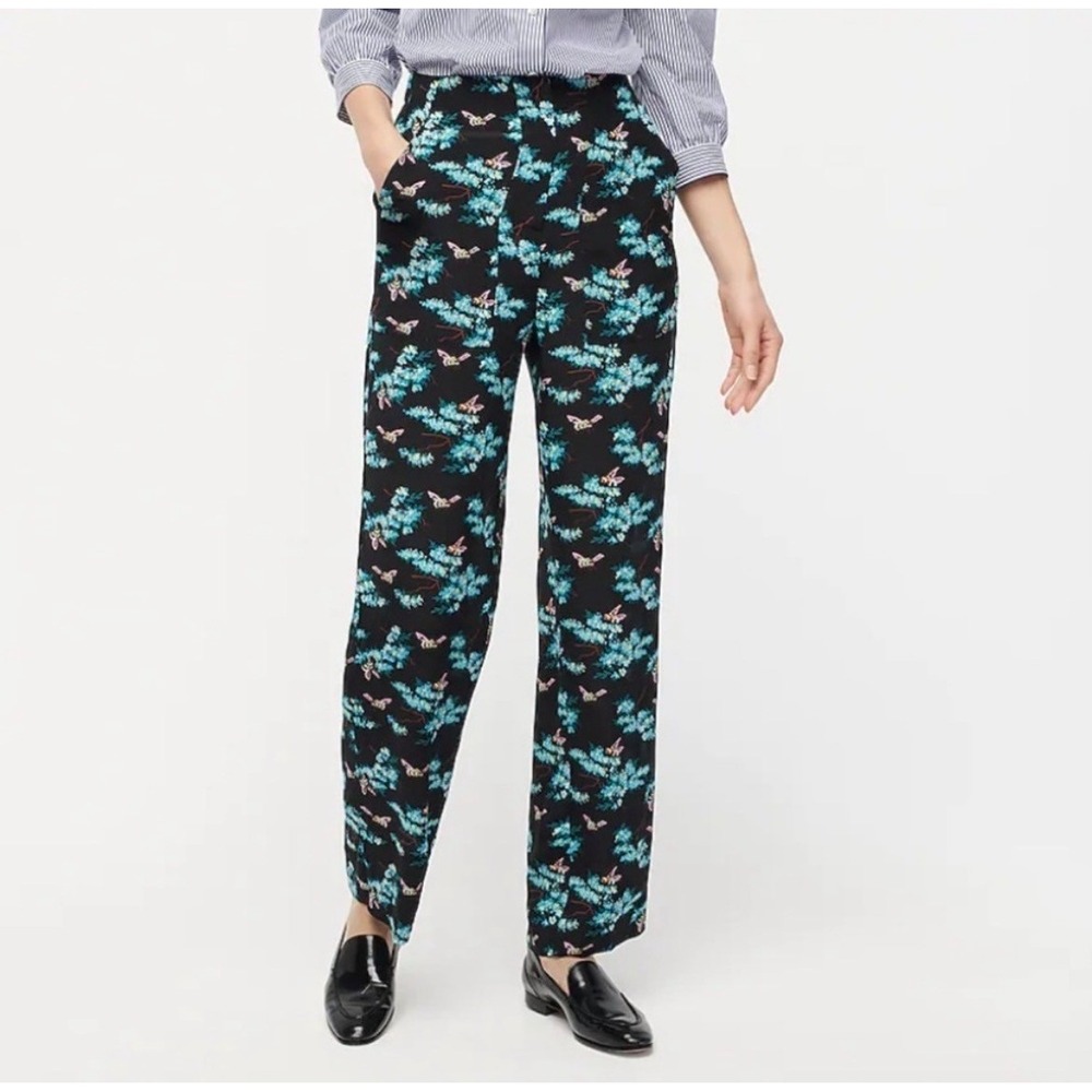 J.Crew Silk Straight Leg Pants Botanical Bee Print Black Blue 8 Whimsy Novelty